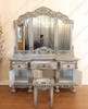 3pc Antique Grey Rococo Dressing Table w Trifold Mirror & Matching Stool