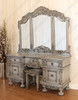 3pc Antique Grey Rococo Dressing Table w Trifold Mirror & Matching Stool