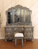 3pc Antique Grey Rococo Dressing Table w Trifold Mirror & Matching Stool