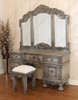 3pc Antique Grey Rococo Dressing Table w Trifold Mirror & Matching Stool