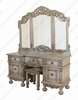 3pc Antique Grey Rococo Dressing Table w Trifold Mirror & Matching Stool