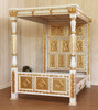 White & Gold Four Post Canopy Bed w/ Ornate Headboard (Full Size)