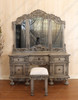 2pc Antique Grey Rococo Dressing Table w Trifold Mirror