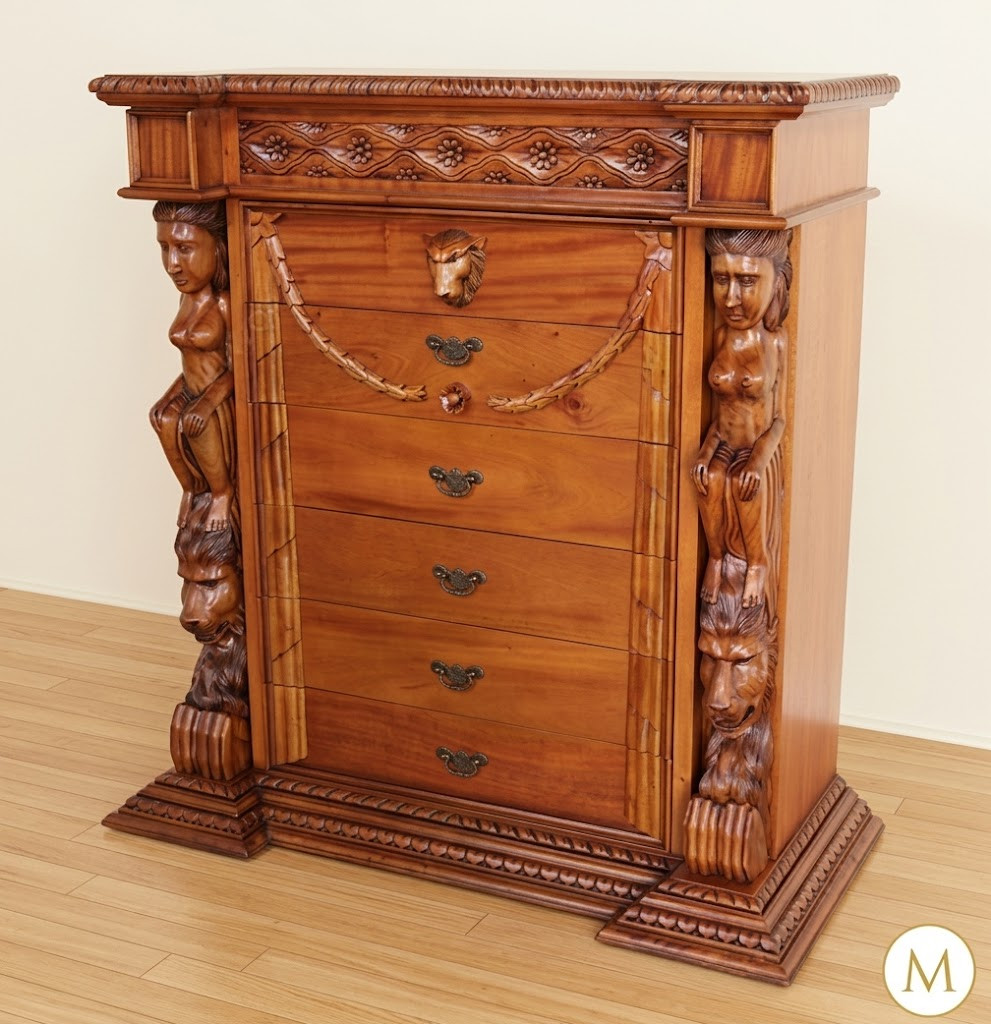Gothic Medieval Light Mahogany Tall Boy Chest Dresser Gothic Medieval Light Mahogany Tall Boy Chest Dresser