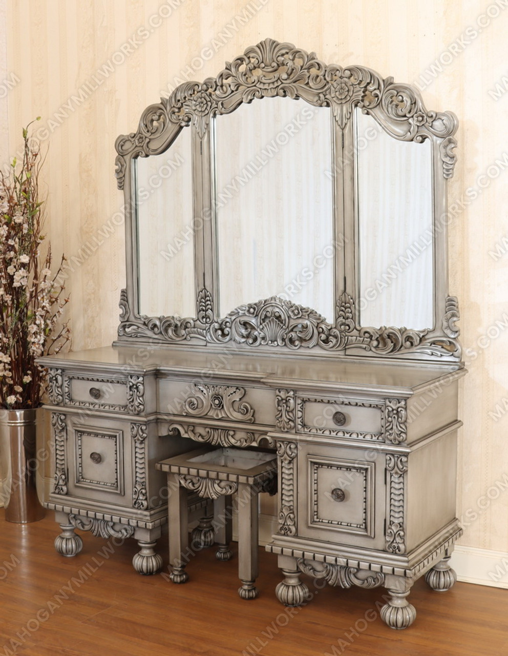 【中古】Universal Stool - Silver & Wood Tray 3pc Antique Grey Rococo Dressing Table w Trifold Mirror
