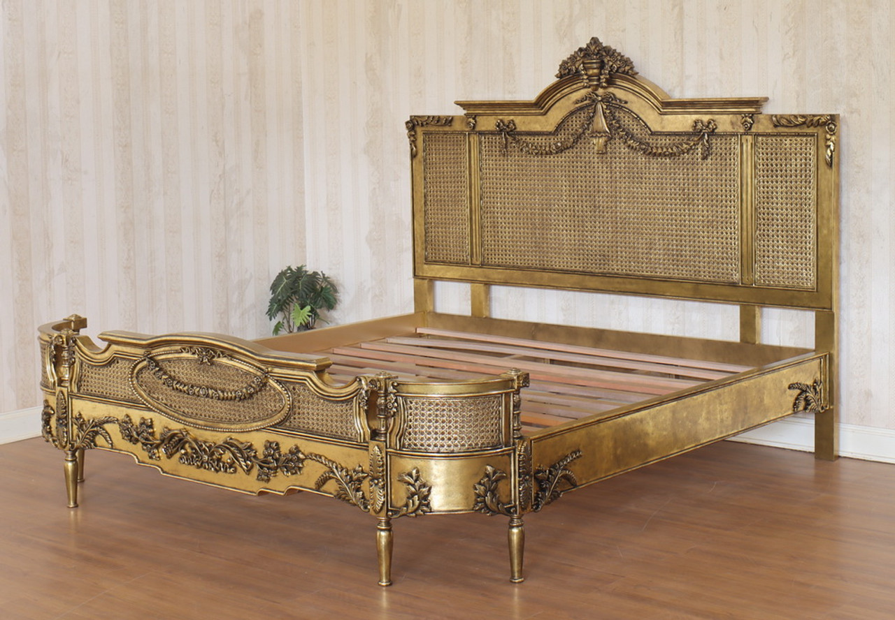 Custom Antiqued Gold Cane Rattan Bed