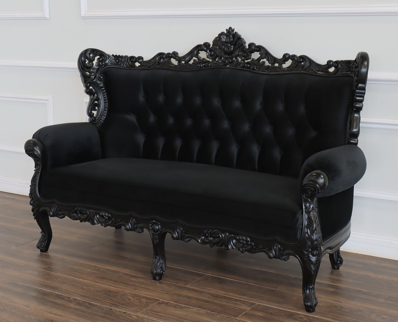 Black Gothic Loveseat with Tufted Velvet - Mahogany Millworks