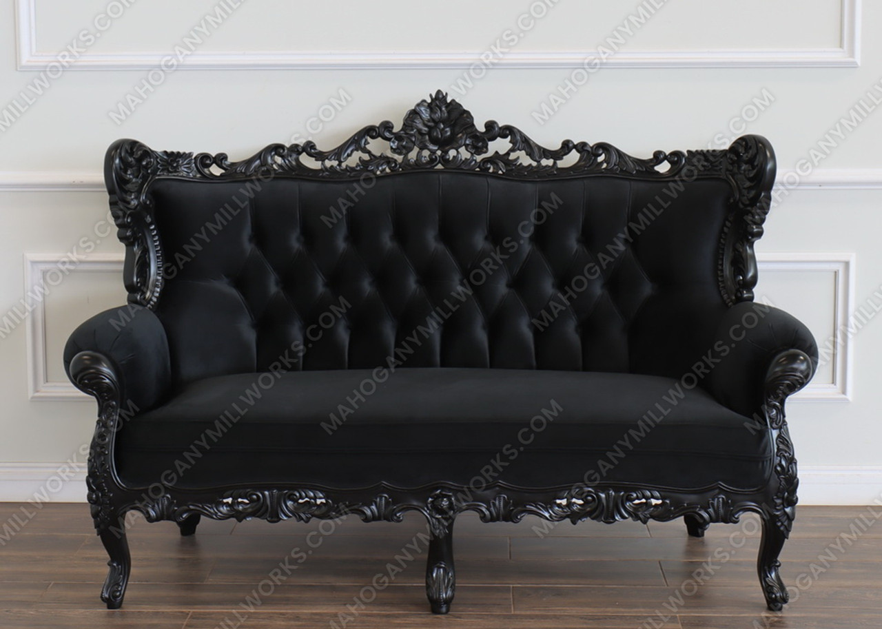 Black Gothic Loveseat w/ Tufted Black Velvet Fabric | Mahogany