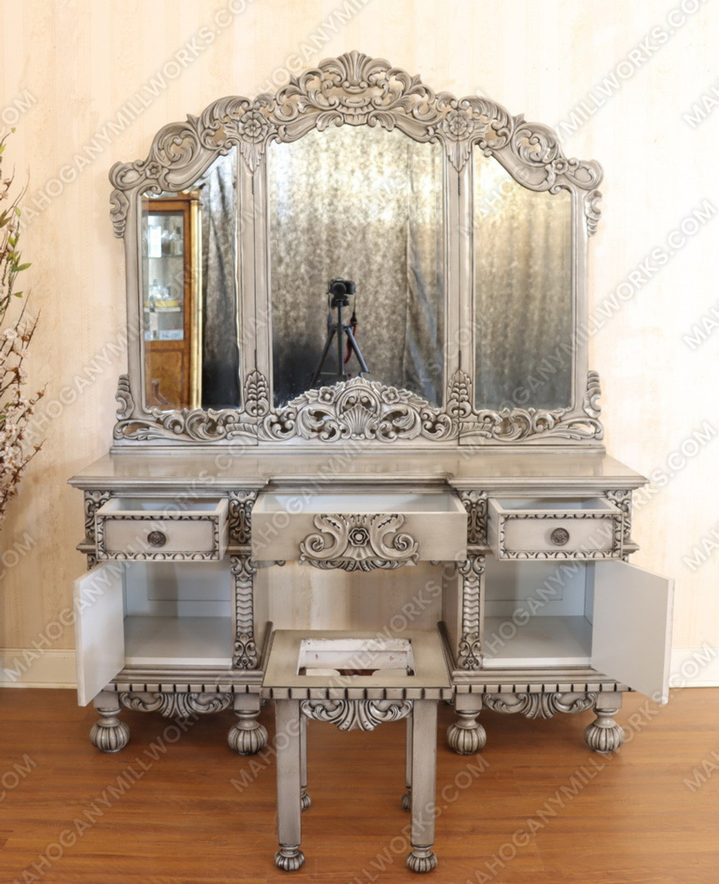 grey dressing table mirrors Grey Makeup Vanity Set with Side Cabinet Dressing Table with Mirror & DrawersHomary