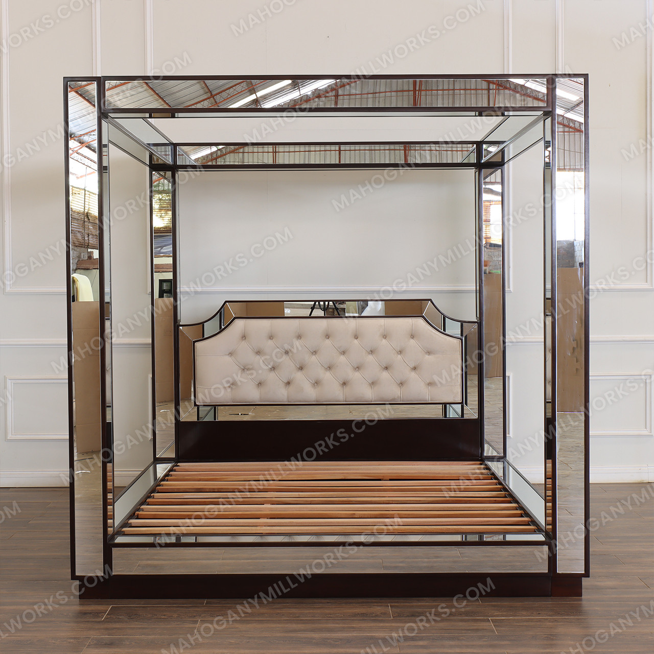 Luxurious Mirrored Canopy Bed w/ Tufted Headboard