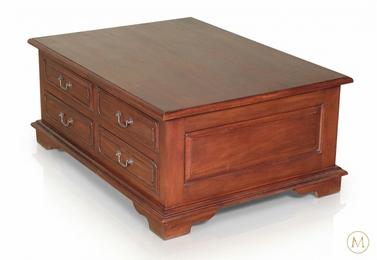 Mahogany Distressed Storage Coffee Table with Pull-Out Drawers