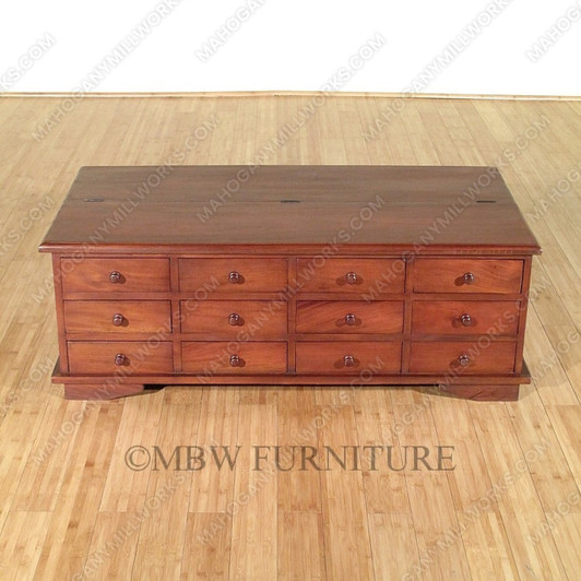 Distressed Solid Mahogany 12-Drawer Apothecary Trunk Coffee Table w/Storage Chest