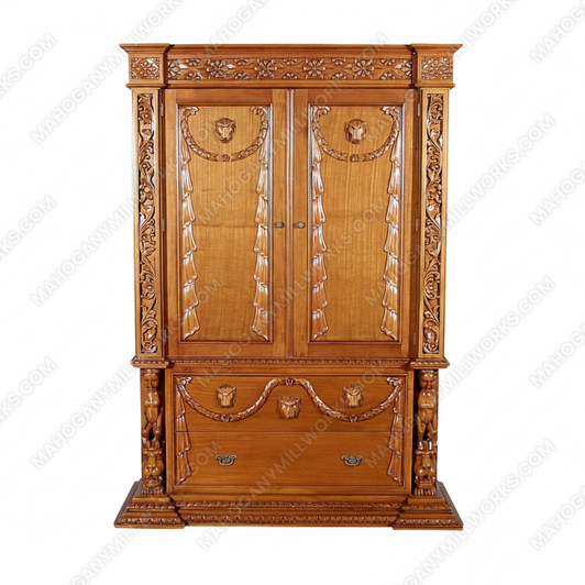 Light Mahogany Gothic Lion-Carved Cabinet