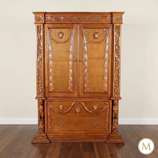 5ft W Renaissance Revival Hand-Carved Natural Mahogany Armoire Cabinet