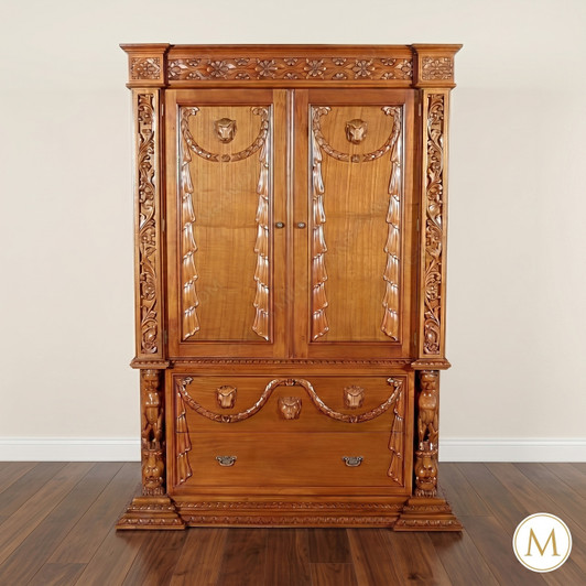 5ft W Renaissance Revival Hand-Carved Natural Mahogany Armoire Cabinet