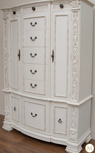 Ornate White Storage Armoire with Drawers and Doors