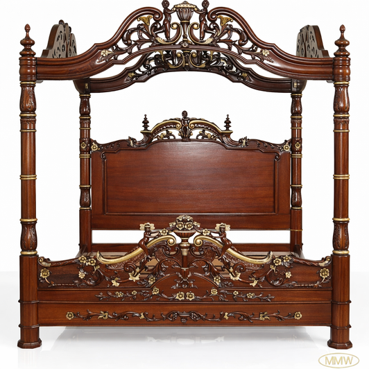 Ornate Mahogany Four Poster Canopy Bed w/ Cherub Details