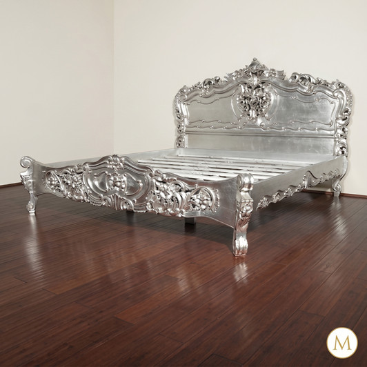 Antiqued Silver Leaf French Rococo Carved Panel Bed