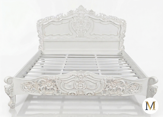 White Rococo Carved Panel Bed