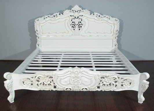 White Rococo Carved Panel Bed