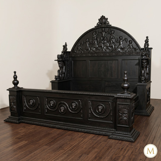 Black Gothic Revival Renaissance Hand-Carved Bed