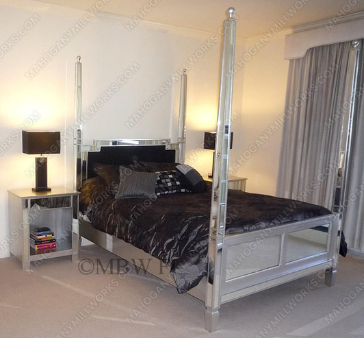 Distressed Silver Mirrored Four Post Bed