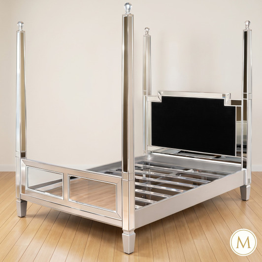 Distressed Silver Mirrored Four Poster Bed