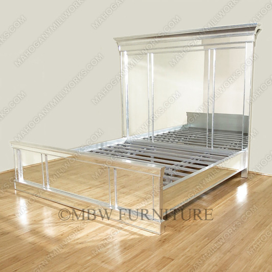 Modern Mirrored Silver Leaf Panel Bed w/ Oversized Headboard