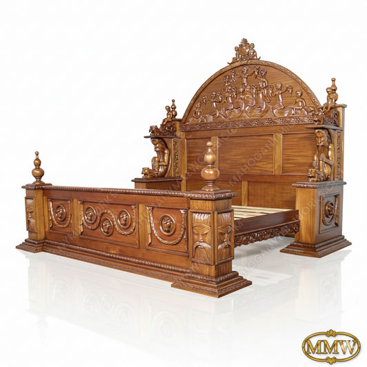 Large Golden Gothic Heavily Carved Bed