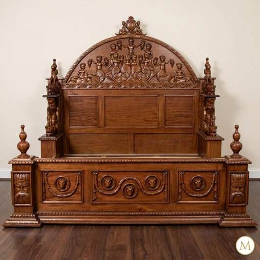 Light Mahogany Neoclassical Empire Revival Hand-Carved Mahogany Bed