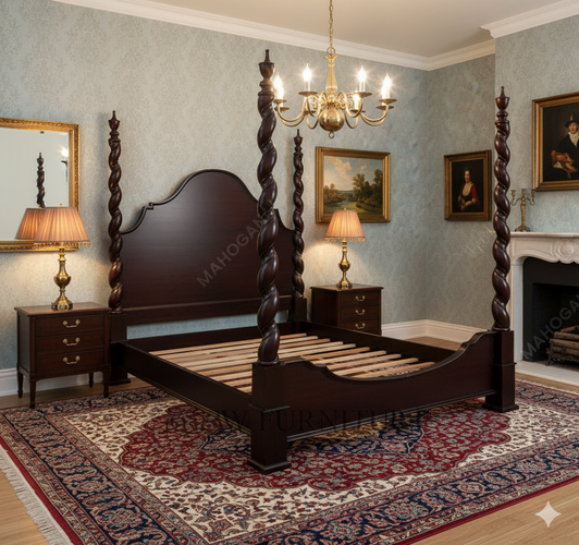 Dark Mahogany Four Post Barley Twist Poster Bed (Ca. King)