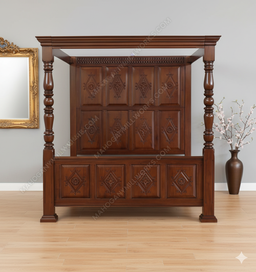 Light Walnut Canopy Bed w/ Diamond Paneled Headboard