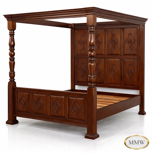 Light Walnut Canopy Bed w/ Diamond Paneled Headboard