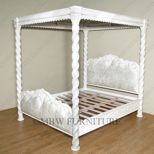 Antiqued White Carved Four Post Canopy Bed