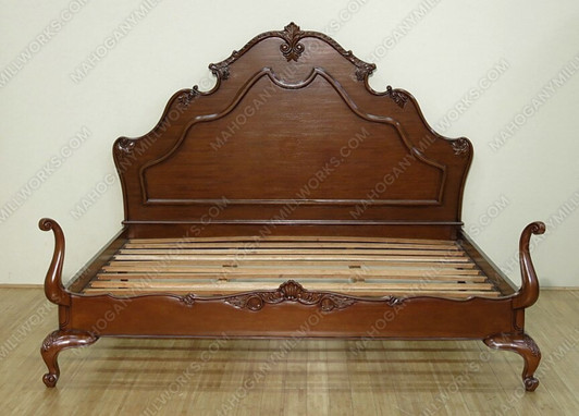 Solid Mahogany Hand Carved E. King Panel Bed w/ Scrolls