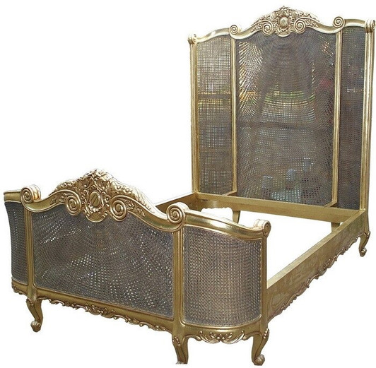 Custom Antiqued Gold Cane Rattan Bed