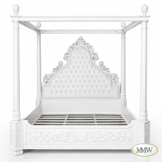 White Carved Four Poster Canopy Bed