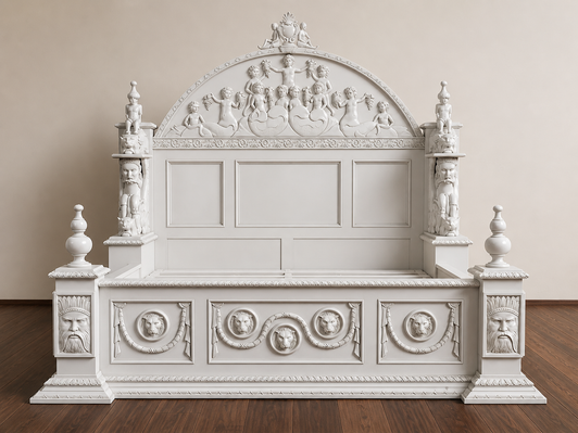 White Neoclassical Empire Revival Hand-Carved Bed