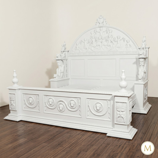 White Neoclassical Empire Revival Hand-Carved Bed
