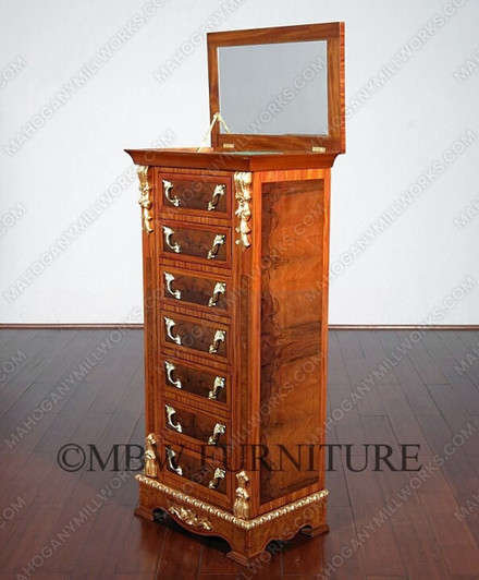 Burl Walnut French 7-Drawer Jewelry Chest
