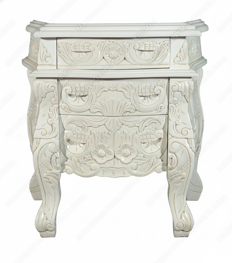 Antiqued White Rococo Nightstand / Bedside Table/Chest