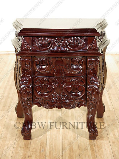Solid Chocolate Mahogany French Rococo 3-Drawer Nightstand / Bedside Table/Chest