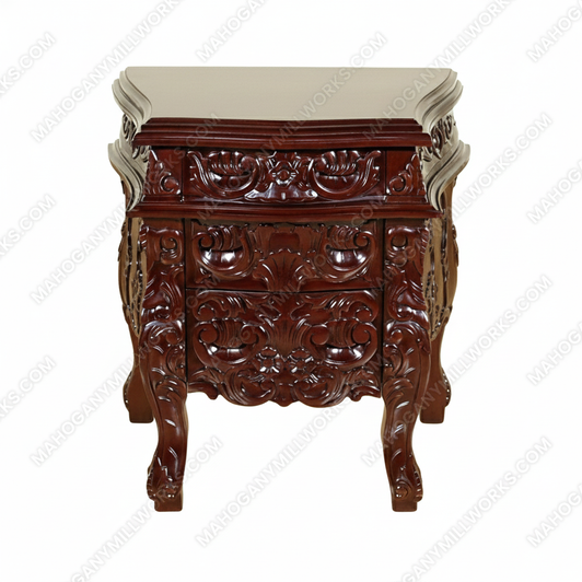 Solid Chocolate Mahogany French Rococo 3-Drawer Nightstand / Bedside Table/Chest