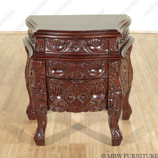 Solid Mahogany Rococo 3 Drawer Bedside Table Nightstand