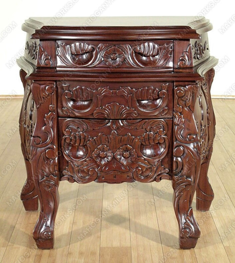 Solid Mahogany Rococo 3 Drawer Bedside Table Nightstand