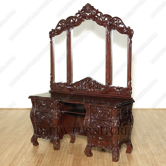 Dark Mahogany French Rococo Vanity Mirror Dresser