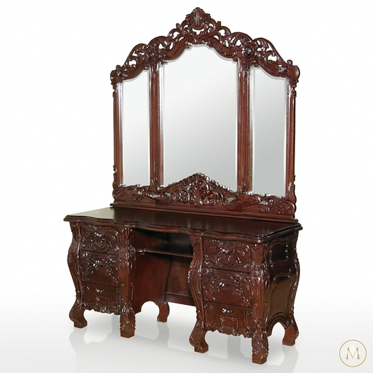 Dark Mahogany French Rococo Vanity Mirror Dresser