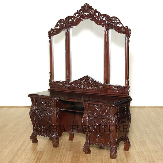 Dark Mahogany French Rococo Vanity Mirror Dresser