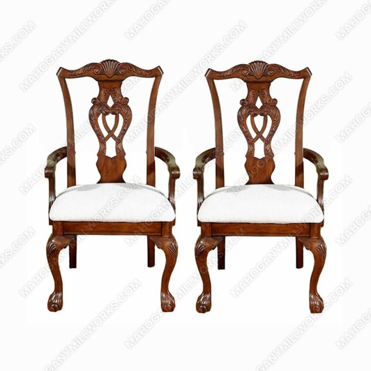 Pair of 2 Mahogany Chippendale Cream Dining Arm Chairs