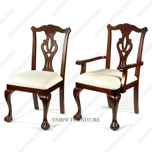 Set 8 Solid Mahogany Dark Cherry Chippendale Cream Dining Chairs